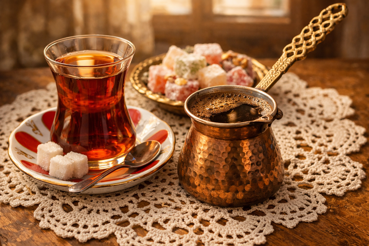 Ince belli bardaklarda Turk cayi ve yaninda lokum